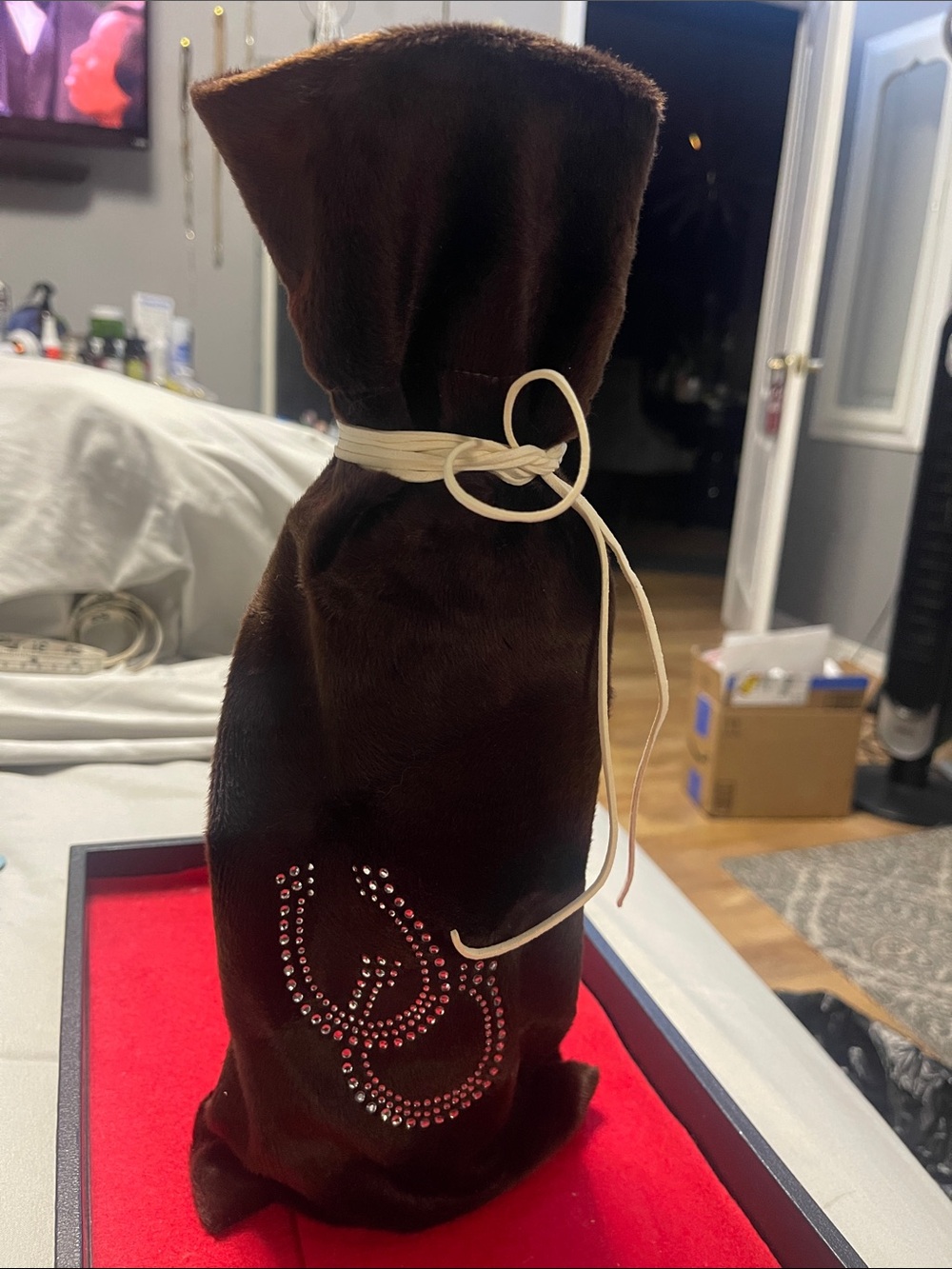 Brown Velvet Wine/Alcohol  Bottle Gift Bag with Rhinestone Horseshoes - New